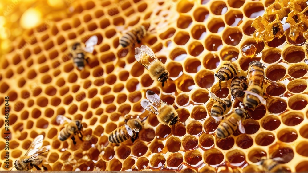 Honeybees on Golden Honeycomb Close Up Honeybees on Golden Honeycomb Close Up