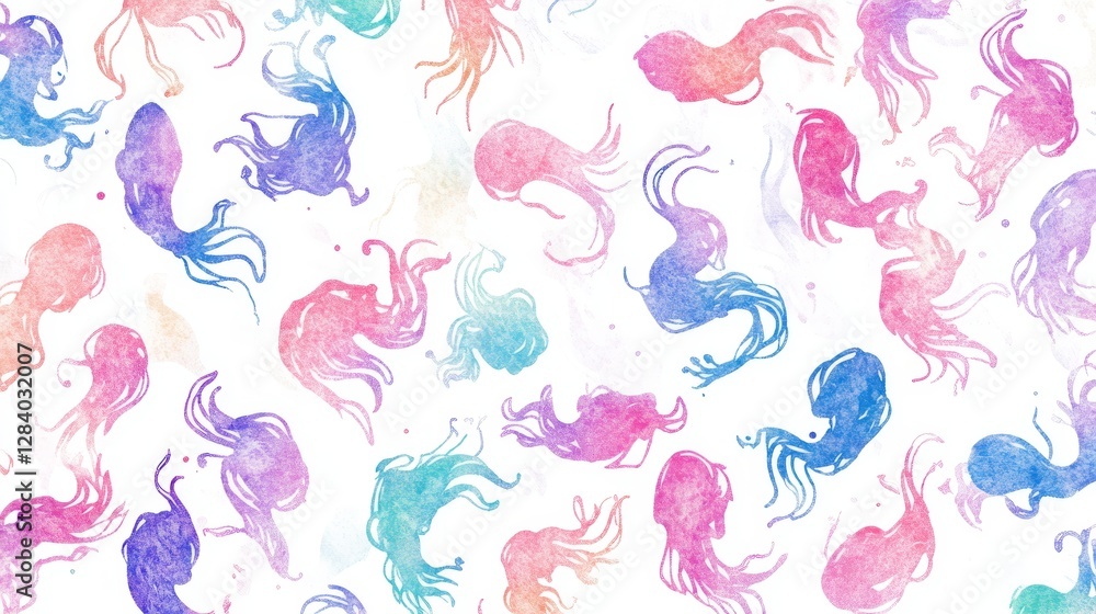 Watercolor pattern with doodle-style drawings. Watercolor pattern with doodle-style drawings.