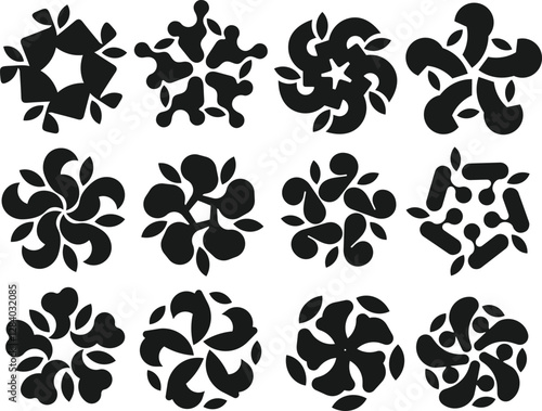 Abstract Floral Geometric Logo Set - Black Silhouette Rotational Symbols