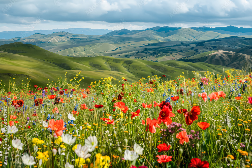 Field of flowers with a blue sky in the background Field of flowers with a blue sky in the background
