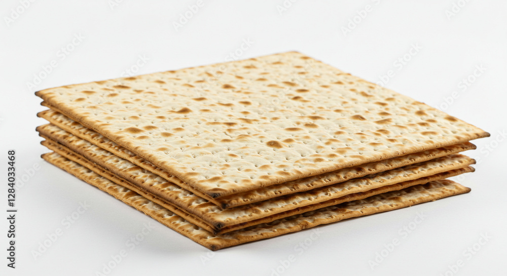 A piece of matzo flatbread placed on a clean white background, showcasing its simple, textured surface in a minimalist and traditional setting A piece of matzo flatbread placed on a clean white background, showcasing its simple, textured surface in a minimalist and traditional setting