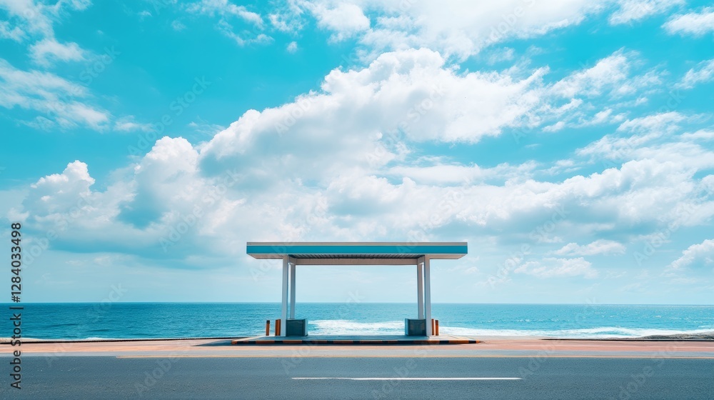 Toll booth on a coastal road with the ocean in the background and a cloudy sky. Featuring serene seascapes and coastal travel Toll booth on a coastal road with the ocean in the background and a cloudy sky. Featuring serene seascapes and coastal travel