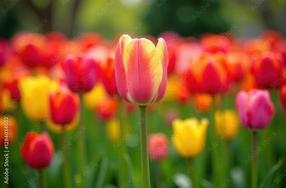 Vibrant tulip field with focus on yellow and red bloom in spring garden Vibrant tulip field with focus on yellow and red bloom in spring garden