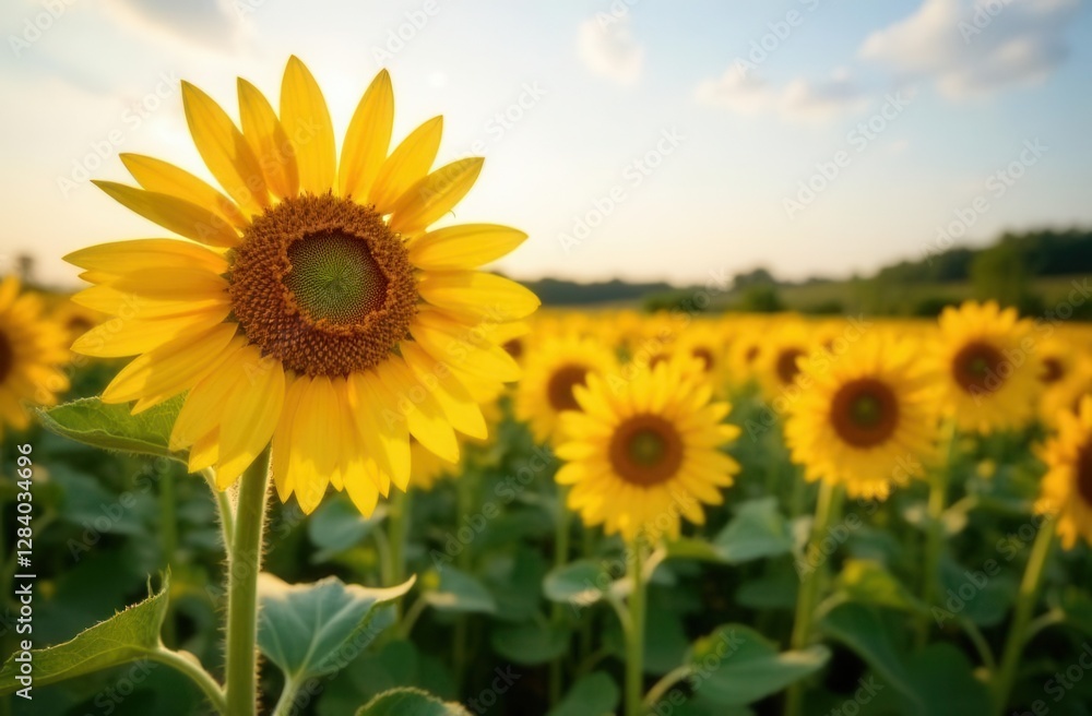 Bright sunflowers blooming under a clear sky in a lush field Bright sunflowers blooming under a clear sky in a lush field