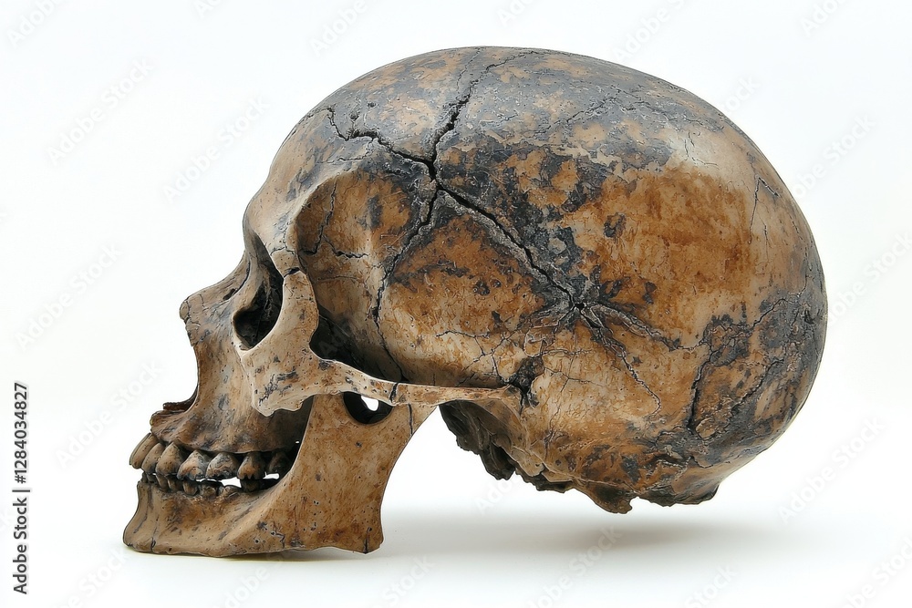 Detailed side profile of a cracked and aged human skull with visible bone structure, set against a bright white backdrop, showcasing decay and mortality. Detailed side profile of a cracked and aged human skull with visible bone structure, set against a bright white backdrop, showcasing decay and mortality.