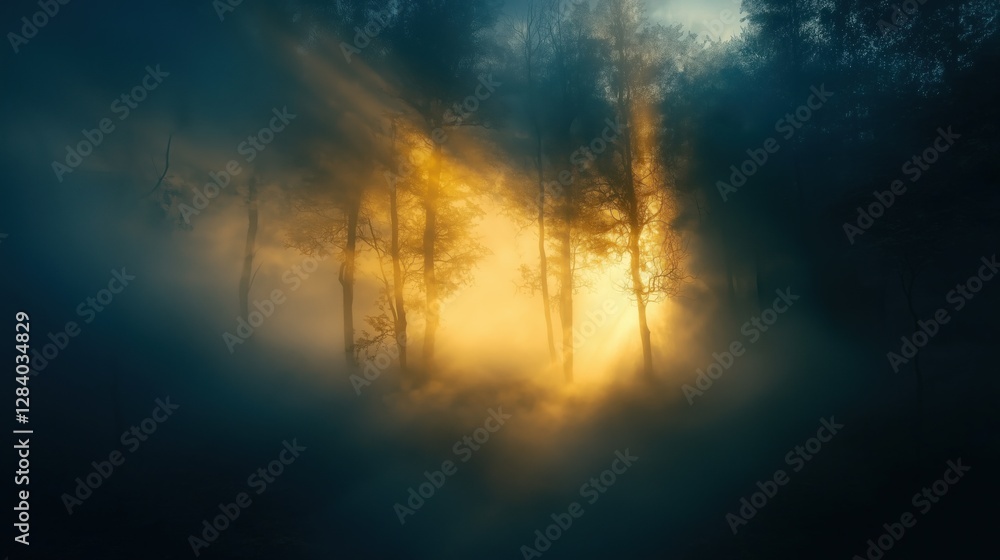 Naklejka premium Enchanted Forest Illuminated by Ethereal Sunlight in Mystical Fog