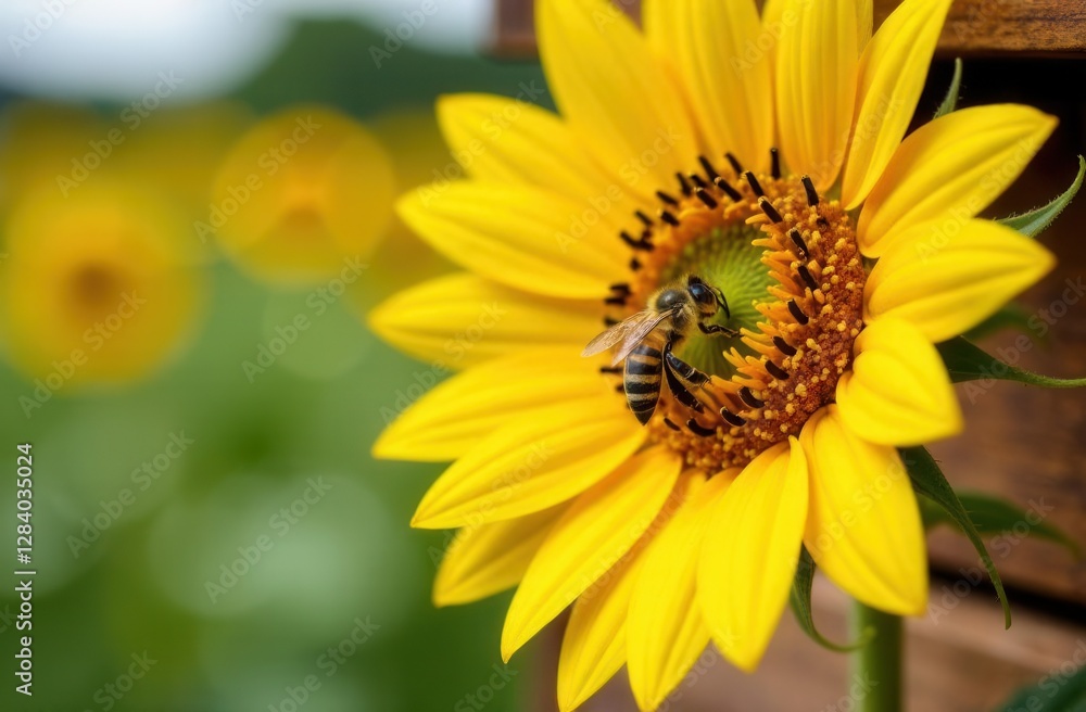 Bee pollinating vibrant yellow sunflower close-up in blooming field Bee pollinating vibrant yellow sunflower close-up in blooming field