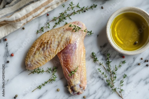 Two raw chicken wings with thyme and olive oil on a marble surface ready to be seasoned and cooked, perfect for food blogs and culinary publications. photo