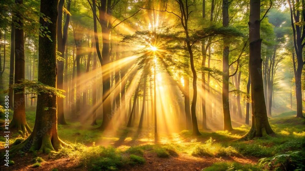 Obraz premium Sunlight is streaming through the trees, creating dramatic rays of light that illuminate the forest floor