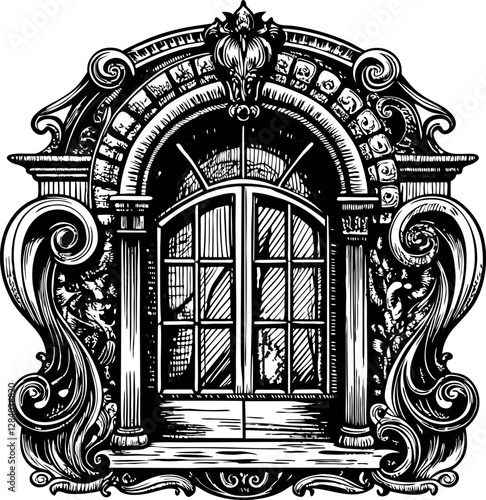 Intricate Window with Ornate Architectural Design in Black and White Line Art