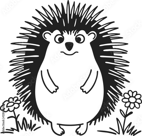 Adorable Hedgehog in a Floral Meadow, Cute Wildlife Character, Black and White Illustration