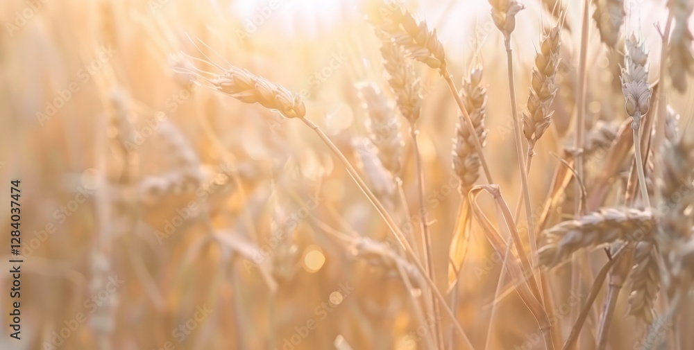 Fototapeta premium Ripe wheat in sun close up with soft focus. Ears of golden wheat cereals field in nature soft and warm tone.