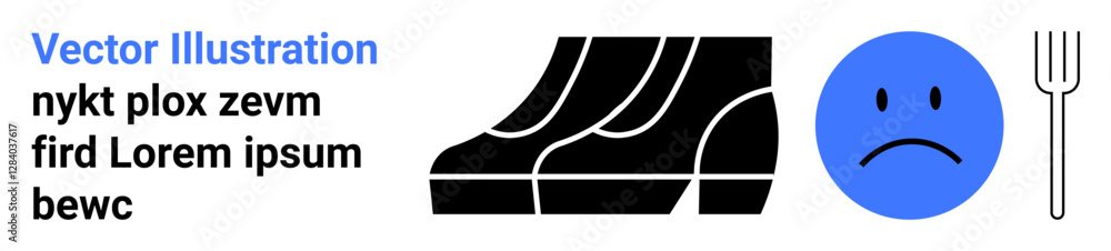 Fototapeta premium Blue sad face with silver fork symbolizing hunger or dissatisfaction alongside bold, abstract black shoe patterns. Ideal for food insecurity, emotion, minimalism, messaging, design, poster, flat