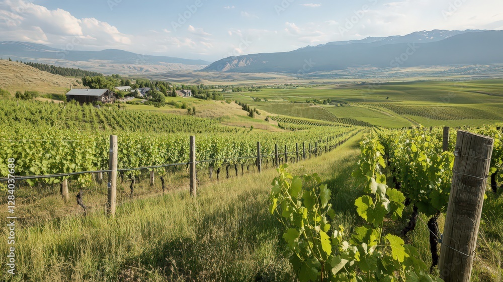 Fototapeta premium Sunlit Vineyard Landscape with Rolling Hills and Distant Mountains