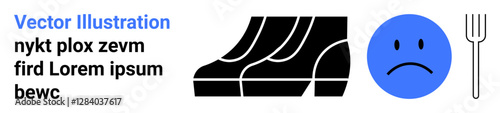 Blue sad face with silver fork symbolizing hunger or dissatisfaction alongside bold, abstract black shoe patterns. Ideal for food insecurity, emotion, minimalism, messaging, design, poster, flat