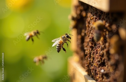 Honey bees flying and landing on beehive with blurred green background photo