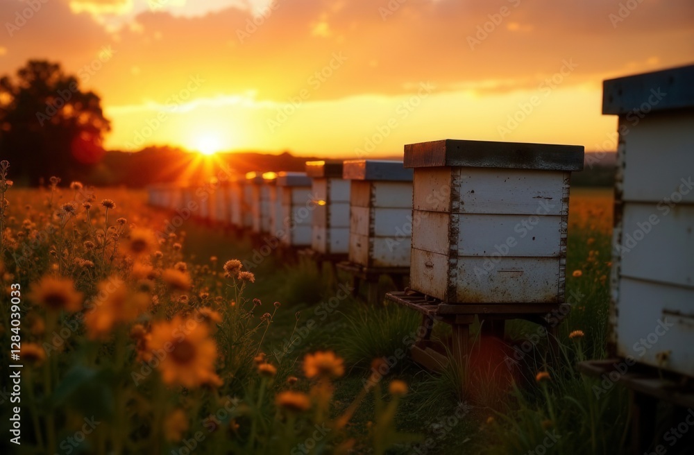 Fototapeta premium Sunset over beehives in a flowering field with vibrant sunlight and scenic landscape