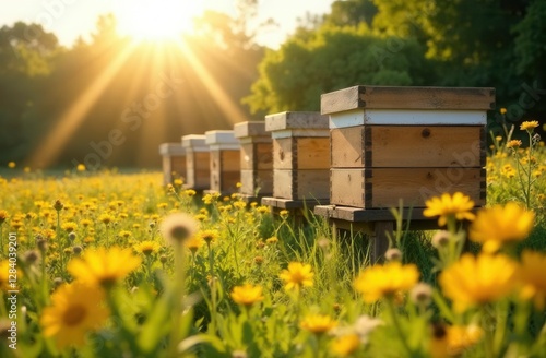 Sunlit beehives in blooming wildflower meadow at sunrise