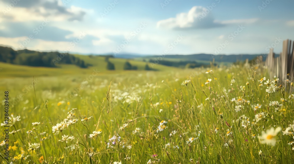 Sunlit Wildflower Meadow with Rolling Hills and Wooden Fence Sunlit Wildflower Meadow with Rolling Hills and Wooden Fence