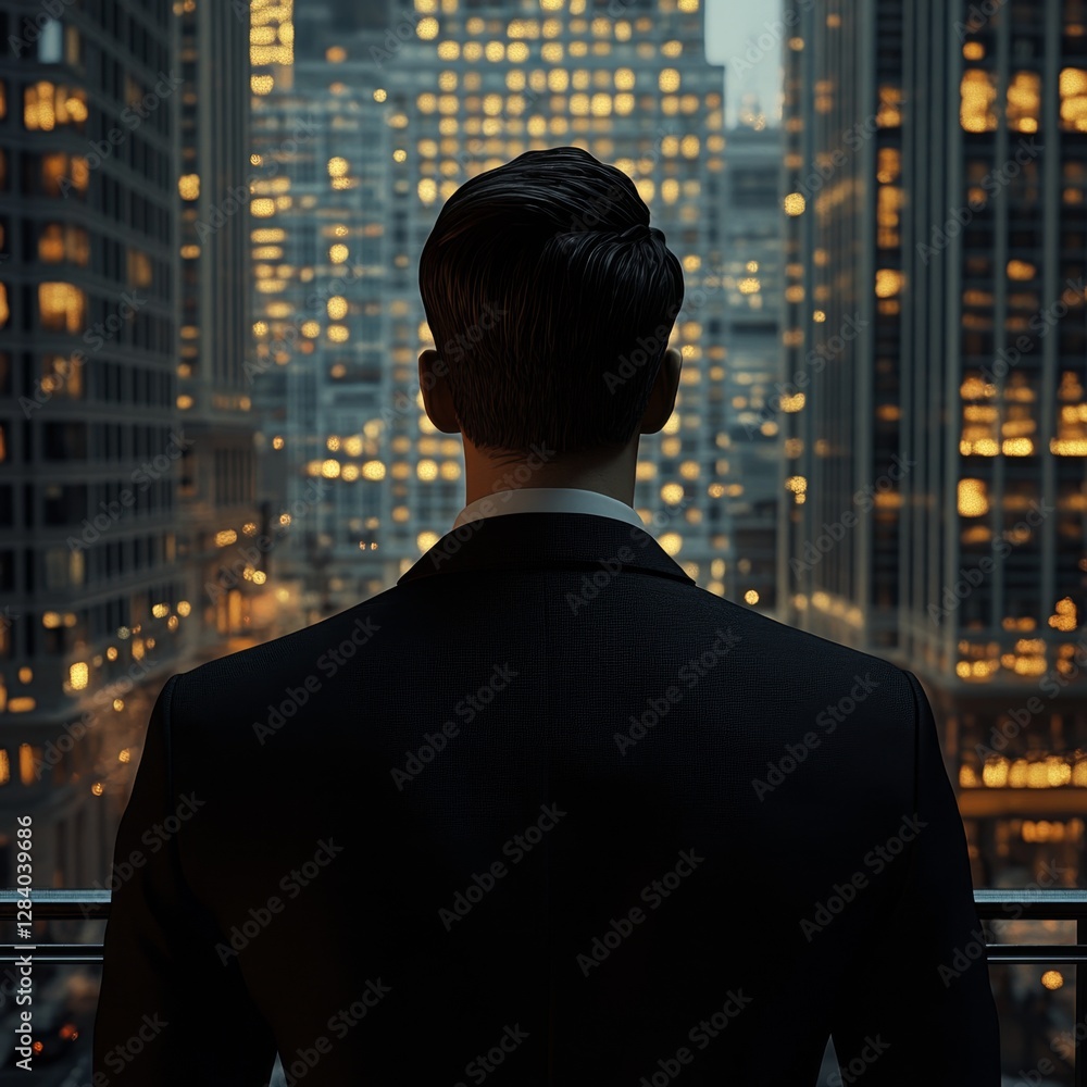 Fototapeta premium Businessman Staring at Cityscape View from Balcony at Night With Illuminated Buildings