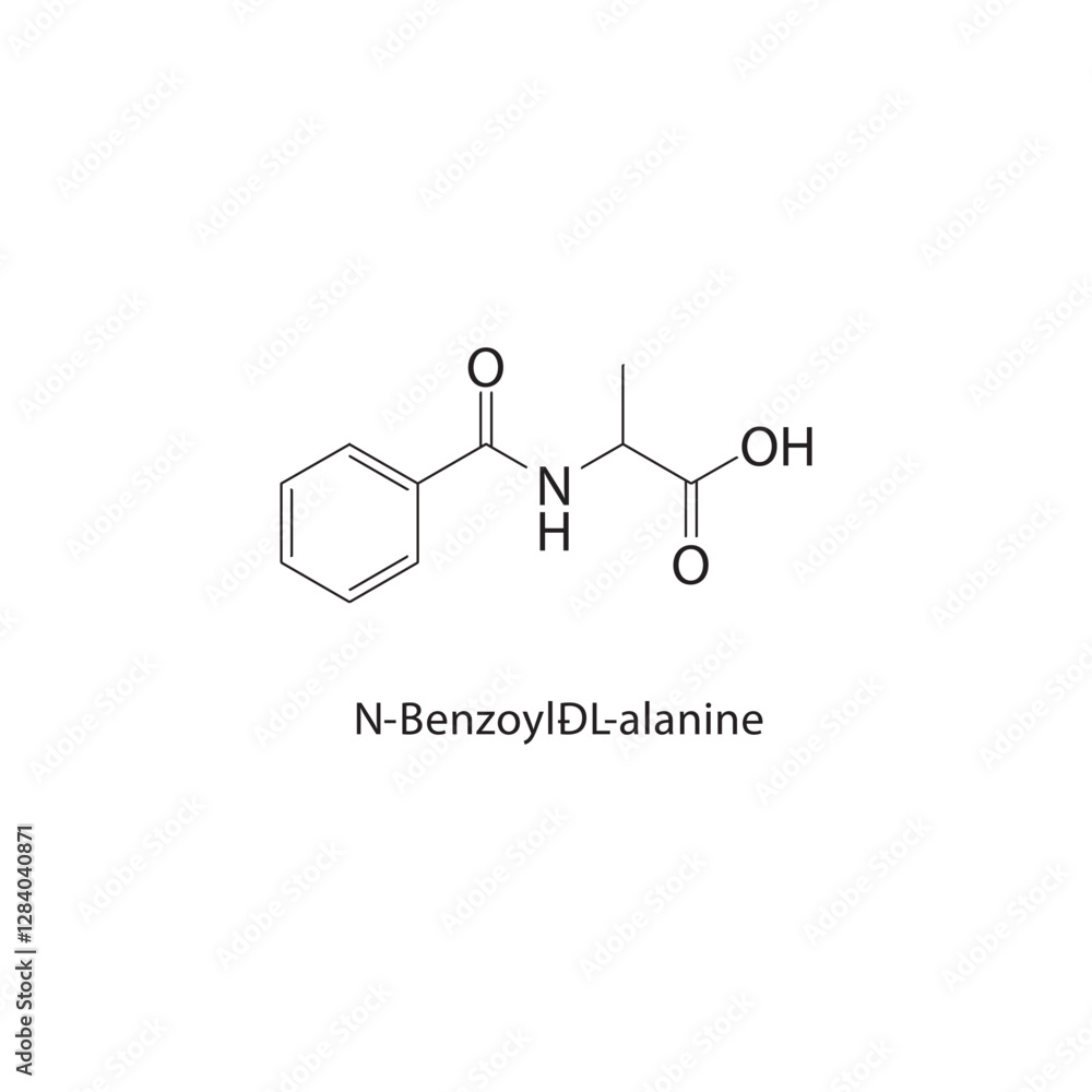 N-Benzoyl-DL-alanine skeletal structure.Amide compound schematic illustration. Simple diagram, chemical formula. N-Benzoyl-DL-alanine skeletal structure.Amide compound schematic illustration. Simple diagram, chemical formula.