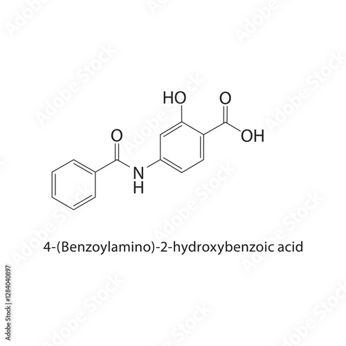 4-(Benzoylamino)-2-hydroxybenzoic acid skeletal structure.Amide compound schematic illustration. Simple diagram, chemical formula.