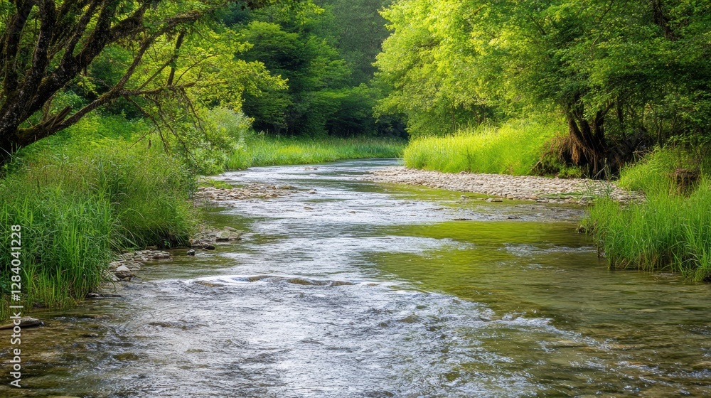 Flowing river surrounded by lush greenery under soft sunlight in a peaceful natural setting. Generative AI Flowing river surrounded by lush greenery under soft sunlight in a peaceful natural setting. Generative AI