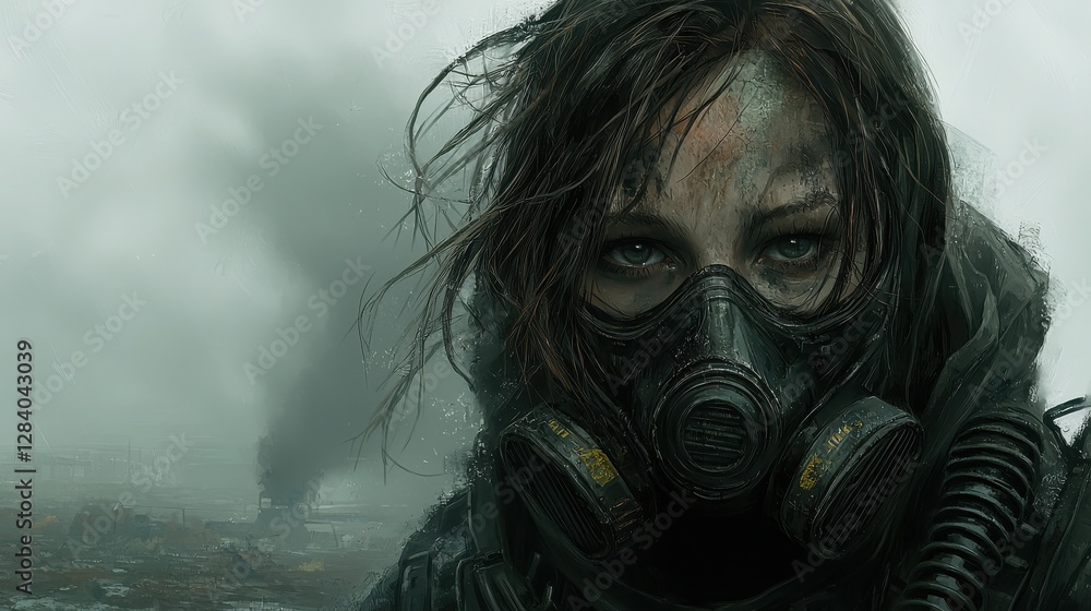 Woman in gas mask brandishing a firearm, surrounded by urban environment and atmospheric tension Woman in gas mask brandishing a firearm, surrounded by urban environment and atmospheric tension