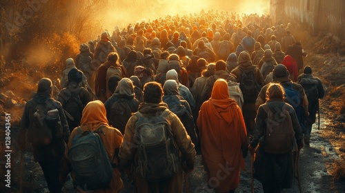 A large crowd of people walking towards a bright light at the end of a path with a warm and hopeful atmosphere