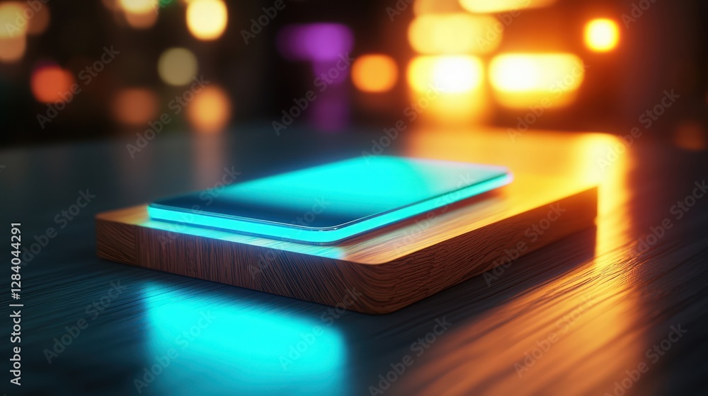 Futuristic Tablet with Neon Glow on Wooden Surface Against Colorful Bokeh Background Futuristic Tablet with Neon Glow on Wooden Surface Against Colorful Bokeh Background