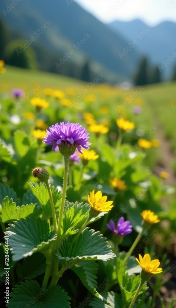 Obraz premium Purple and yellow flowers blooming amidst the foliage of a potato plant in a sunlit dolomite field, wheat fields, dolomites, flowering plants
