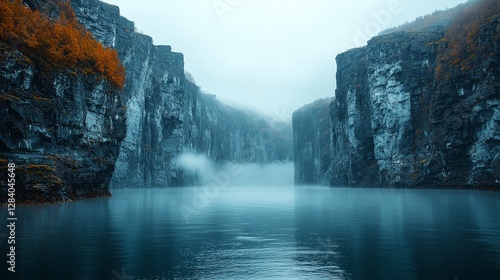 Majestic waterfall flowing through rocky cliffs serene nature landscape misty environment aerial view
