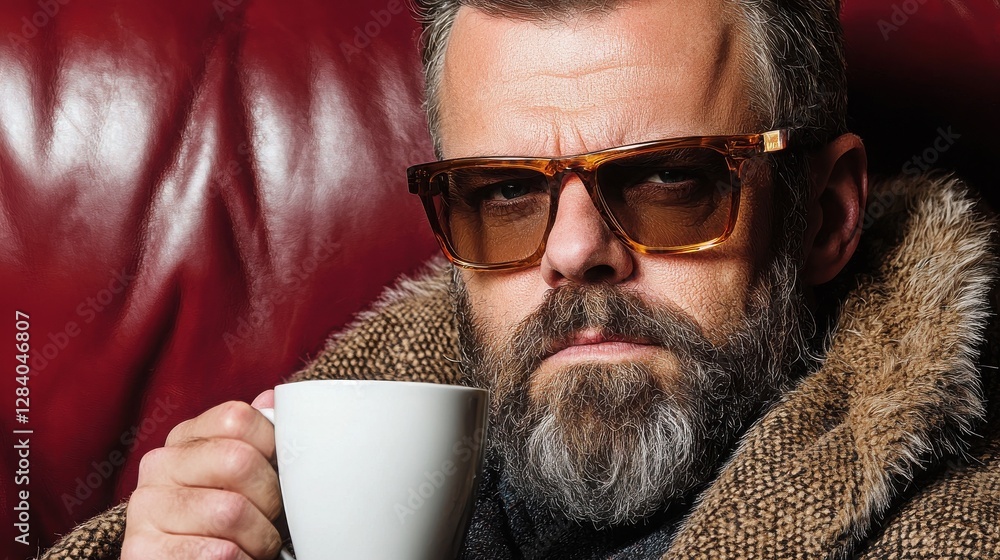 A bearded man wearing glasses, casually holding a cup in a cozy indoor environment A bearded man wearing glasses, casually holding a cup in a cozy indoor environment