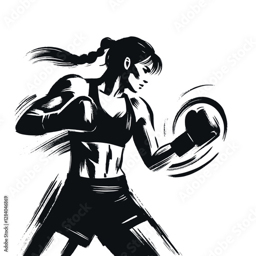 Woman kickboxing in dynamic pose, minimal hand-drawn black and white illustration