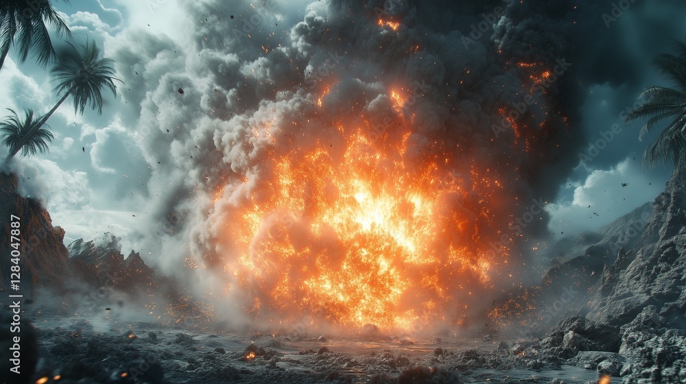 An intense explosion occurring in a natural setting with palm trees and rocky terrain, with bright orange flames and dark smoke contrasting against the greenery An intense explosion occurring in a natural setting with palm trees and rocky terrain, with bright orange flames and dark smoke contrasting against the greenery