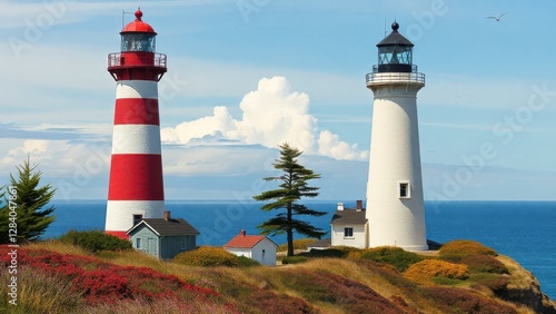 a picturesque seaside view with two lighthouses, one adorned with red and white stripes and the other in plain white, accompanied by a small house