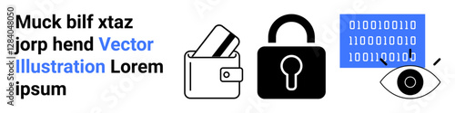 Wallet with credit card, padlock symbolizing security, binary code with eye surveillance. Ideal for financial security, data protection, encryption, online privacy, identity theft, cybersecurity
