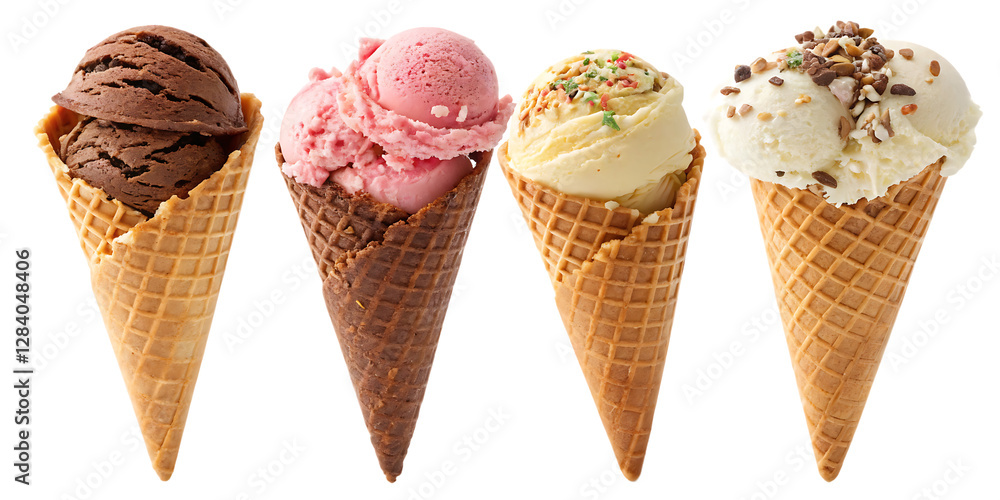 Large assortment of ice cream cones. Various flavors isolated on a white background. Large assortment of ice cream cones. Various flavors isolated on a white background.