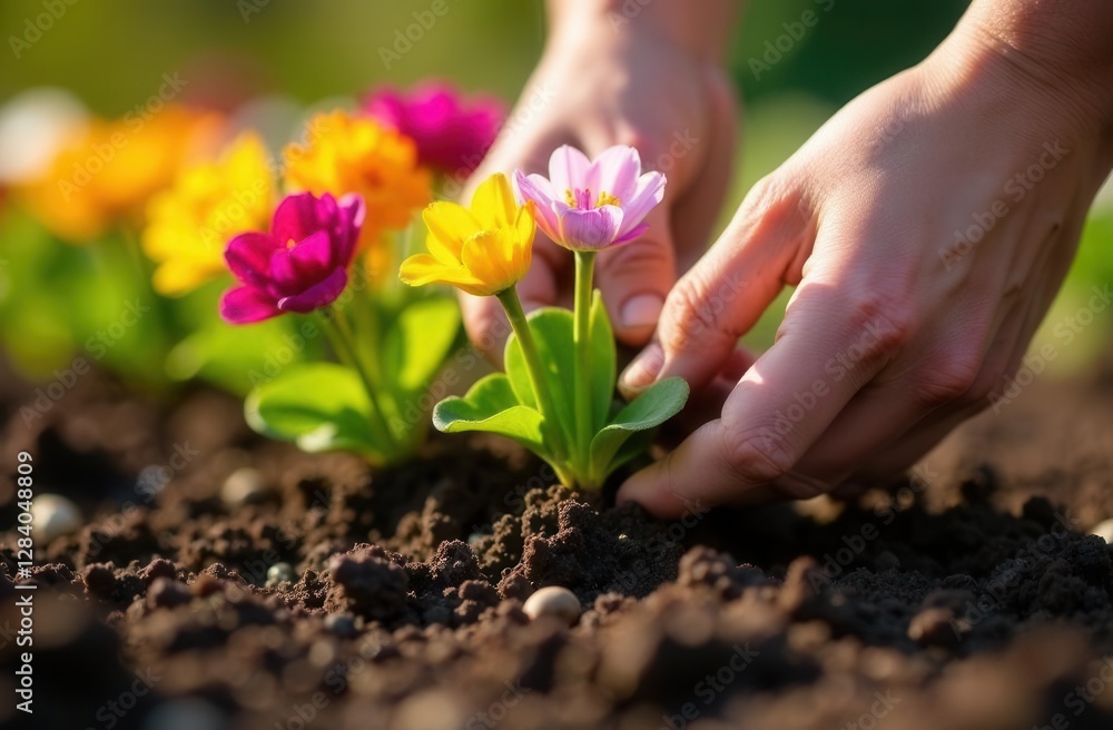 Hands planting colorful tulips in garden soil under sunlight Hands planting colorful tulips in garden soil under sunlight