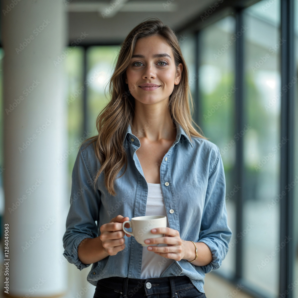 Smiling businesswoman in modern office space holding a coffee cup. Smiling businesswoman in modern office space holding a coffee cup.