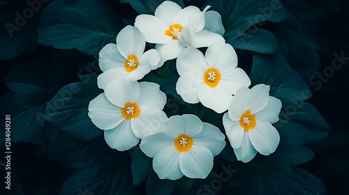 Delicate White Primulas Blooming in a Dark Garden AI Generated