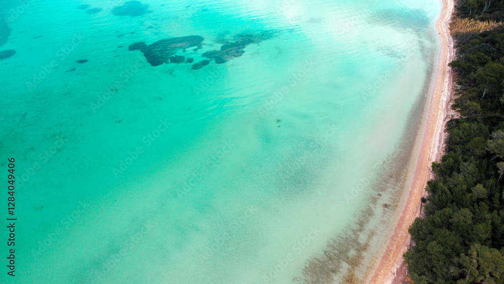 Obraz premium Aerial drone view of the island of Porquerolles with turquoise waters