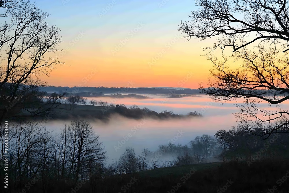 Serene Sunrise over Fog-Covered Valley Serene Sunrise over Fog-Covered Valley