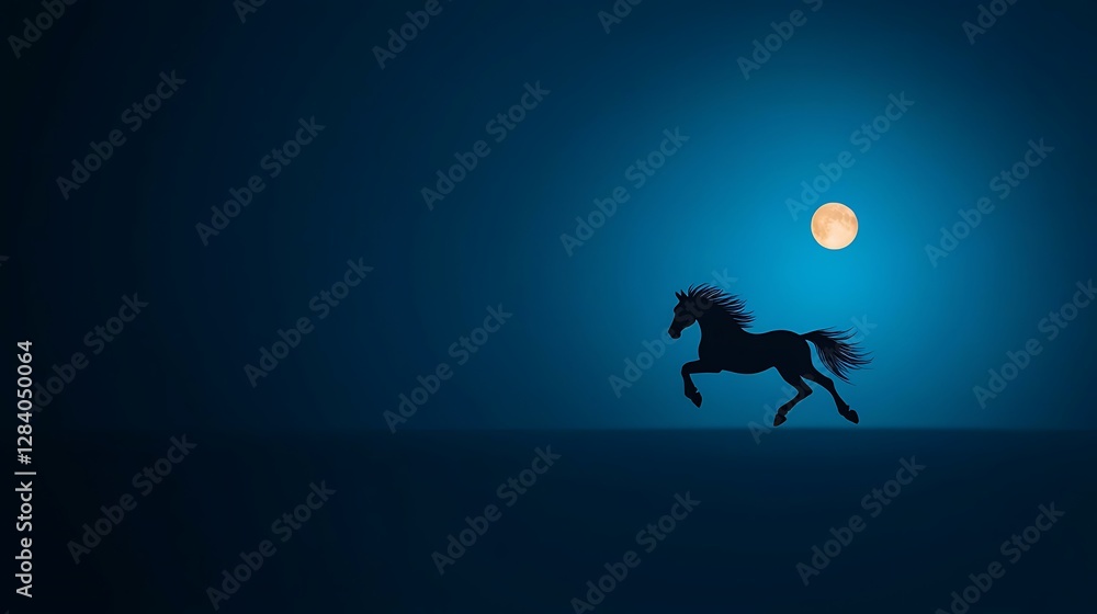 Majestic horse galloping under a full moon against a serene blue night sky backdrop Majestic horse galloping under a full moon against a serene blue night sky backdrop