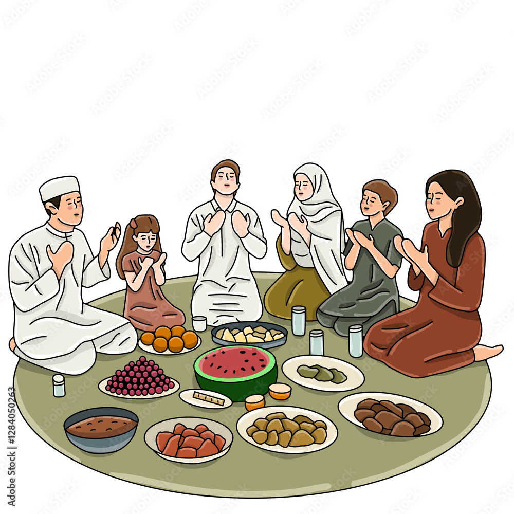 Iftar and suhoor Ramadan praying muslim family Iftar and suhoor Ramadan praying muslim family