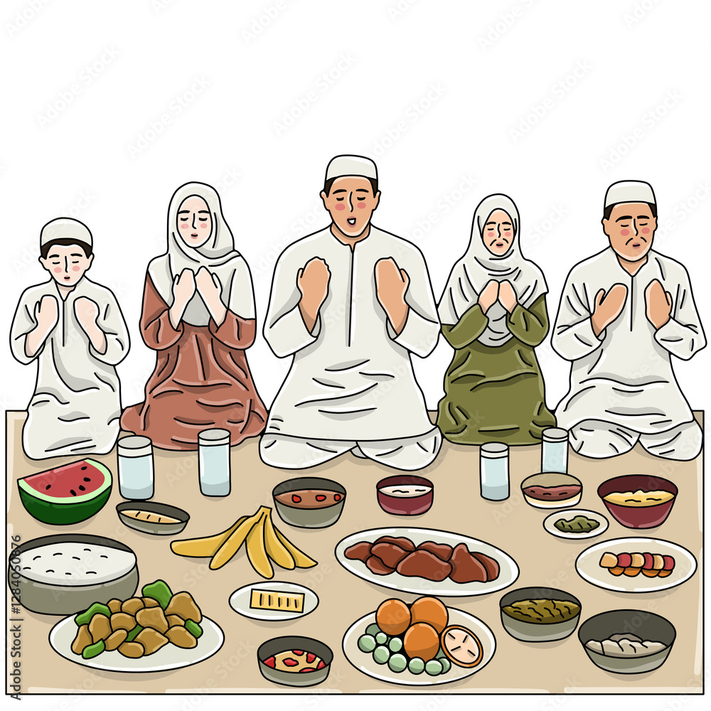 Iftar and suhoor Ramadan praying muslim family Iftar and suhoor Ramadan praying muslim family