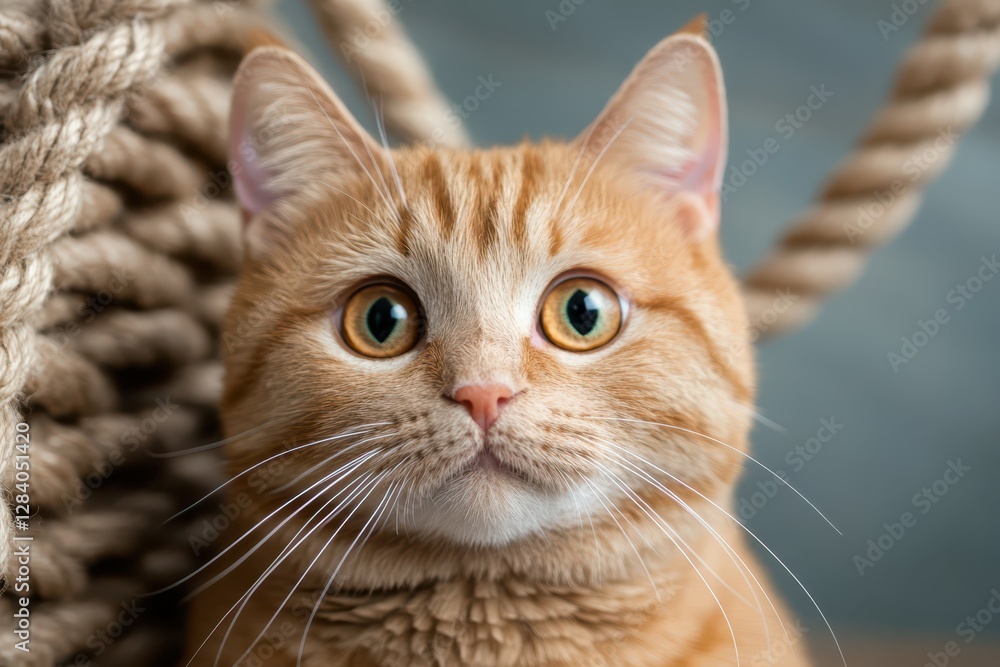 A ginger cat with large, expressive eyes looks curiously at the viewer while sitting next to a thick, textured rope. The warm tones create a cozy atmosphere A ginger cat with large, expressive eyes looks curiously at the viewer while sitting next to a thick, textured rope. The warm tones create a cozy atmosphere