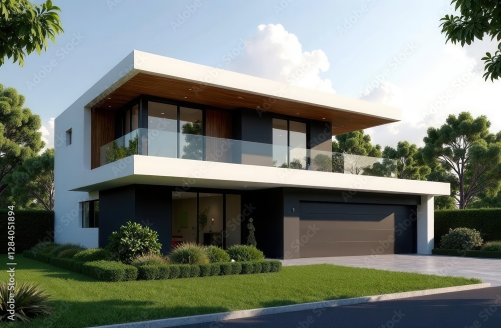 Modern two-story house with large glass windows and lush green surroundings Modern two-story house with large glass windows and lush green surroundings