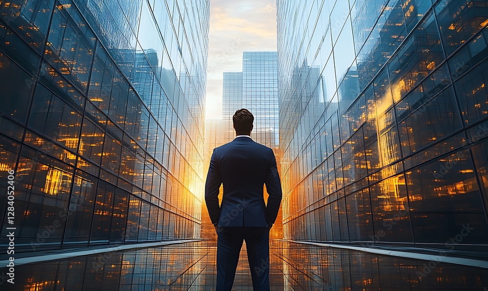 Obraz premium Back of businessman in suit with business office glass modern buildings background for financial freedom portfolio or company profit and strategy growth IPO poster,