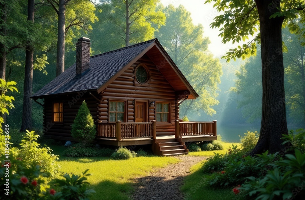 Cozy log cabin in serene forest by a lake during daytime Cozy log cabin in serene forest by a lake during daytime